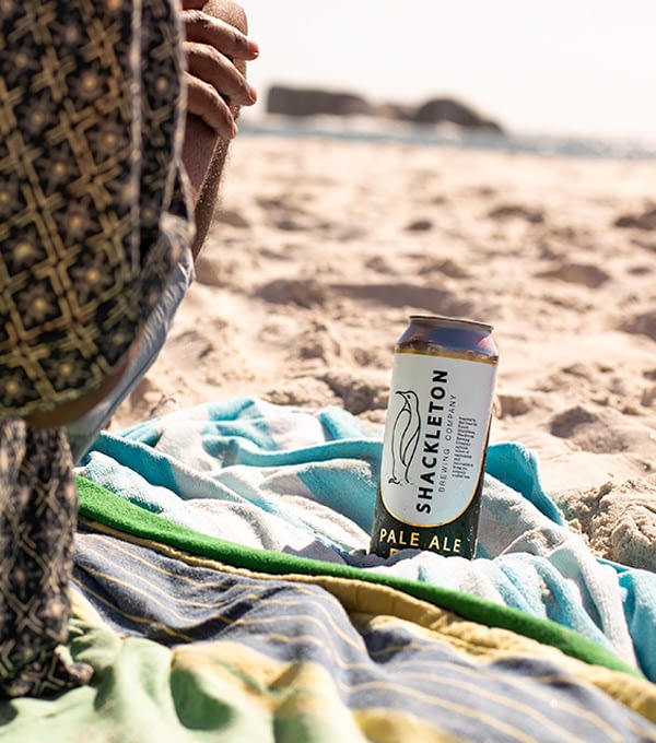 Shackleton Pale Ale beer can on the sand